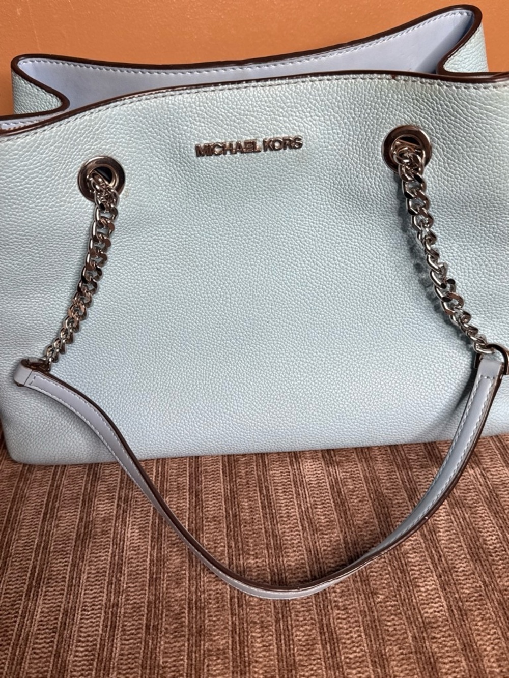 Michael Kors White Pebbled Leather Shoulder Tote with Gold Chain